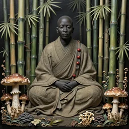 ancient japanese monk, by kiki smith, by zdzisław beksinski, by wangechi mutu, bamboo, mushrooms, mycelium, mycena acicula, tremella - fuciformis, insanely detailed and intricate, hypermaximalist, elegant, ornate, hyper realistic, super detailed