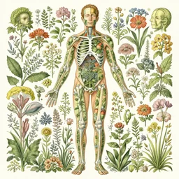 highly detailed illustration of a human anatomy body with all the known species of plants and flowers by juan gatti, by moebius!, by oliver vernon, by joseph moncada, by damon soule, by manabu ikeda, by kyle hotz, by dan mumford, by kilian eng