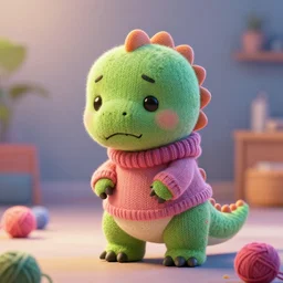 super cute sad dinosaur made out of sweaters and yarn octane rendering vivid cinematic lighting 4k