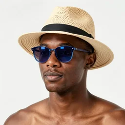 black man wearing blue shaded sunglasses and a straw hat