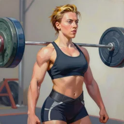 greg manchess portrait painting of scarlett johansson as muscular weightlifter zarya from overwatch, medium shot, robust body, asymmetrical, profile picture, organic painting, sunny day, matte painting, bold shapes, hard edges, street art, trending on artstation, by huang guangjian and gil elvgren and sachin teng