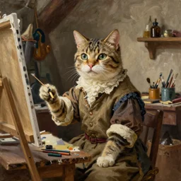 classic oil painting, a cat that is dressed as a painter, as a dnd character, inside a cluttered art studio, cottagecore, highly detailed, digital illustration, concept art, smooth, sharp focus, art by greg hildebrandt, and tim hildebrandt