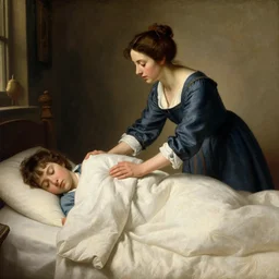 a caravaggio painting of anne of green gables from the show anne with an e, who is putting a duvet over someone falling asleep in bed