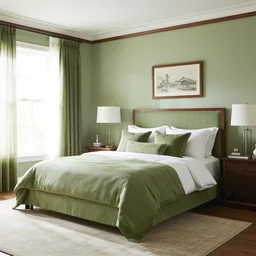 bedroom with horse statues green and brown trim