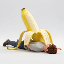 a large upright banana peel trips over a prone human lying on the sidewalk, new york, 3 5 mm, f / 2. 8, full resolution