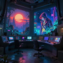 a beautiful detailed highly detailed urbex control room by georges seurat, neon noir at night nature at dusk synthwave thermal vision morning sun alien magic realism at dawn tokyo anime assassin's creed wilderness apocalyptic bladerunner 2 0 4 9, archdaily, wallpaper, highly detailed, trending on artstation.