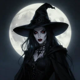 portrait of Anna Millerstone as a Dark evil witch, big moon in the background, dramatic lighting, illustration by Greg rutkowski, yoji shinkawa, 4k, digital art, concept art, trending on artstation