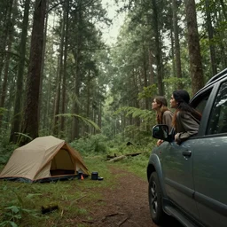 two women camping, looking out of a car window, elegant scene, low angle, wide angle, indian forest, wide angle, cinematic, ultrarealistic, trending on artstation, cgsociety, highly detailed, color graded, rendered in unreal engine 4 k hq, matte painting, by simon stalenhag and hudson river school, horizon forbidden west