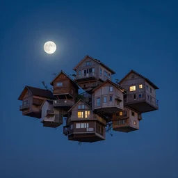 “lots of houses floating in the sky, night time, moon visible.”