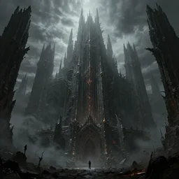 grimdark chaos fortress, ruined, terrifying architecture, looming, dark, fog, dark souls, artstation