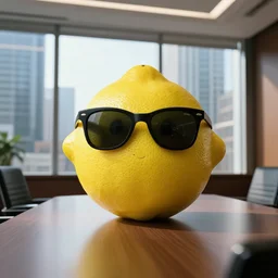 a very big lemon with sunglasses, in a boardroom, window with views of skyscrapers in the background, hyper realistic, natural light, atmospheric and cinematic lighting