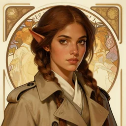 head an shoulders portrait of beautiful young half elf monk, female, trench coat, brown braided hair, brown skin, digital illustration, by rossdraws, alphonse mucha, frank fanzzeta, collectible car art