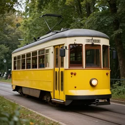 Yellow oldschool Tram in a forest, 8k UHD, high quality, studio photo,