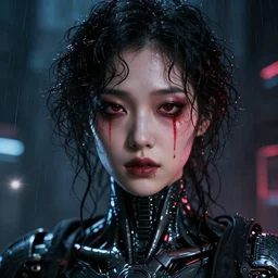 facial portrait of a korean dystopian android with dark smeared makeup, wet curly hair, red tears, a dark cyberpunk background, lens flare, rain, deep focus, d & d, intricate, elegant, highly detailed, photo, artstation, blade runner, 8 k, sharp focus, octane, unreal engine 5, global illumination, radiant