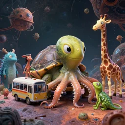 a strange bird turtle octopus lizard giraffe chimera creature waiting for the bus with other monsters, on an alien planet, platonic forms, in the style of shaun tan and sam shearon and dr seuss and hannah yata and leng jun, close up, glossy, beautiful, fantastic, wonderful, science fiction, dramatic lighting, high contrast, fractal background, 3 d sculpture 8 k octane render