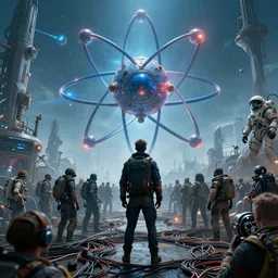 atom, by greg rutkowski, by rhads, by jesper ejsing, so many wires, sharp focus, man standing, colony, atom, crowd, steam punk, blue space ship in sky, astronaut, earthquake