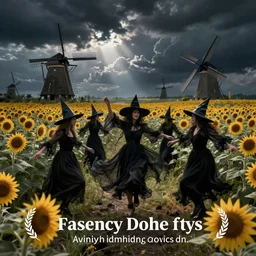 witches dancing in field of sunflower with windmills in the background, eerie, scary