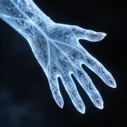 hand of ice with glowing veins, black background,