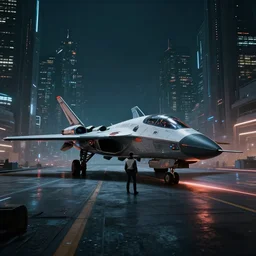 man stands beside futuristic sci fi jet landed at runway of cyberpunk city, night photo ,dark cinematic lighting , digital concept art