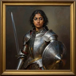 greg manchess oil matte portrait painting, sri lankan female knight with glasses, sword and shield, rectangular frame, wonderful masterpiece highly detailed, scifi, beautiful cinematic light deep focus, elegant, digital painting, smooth, sharp focus, golden ratio, dramatic illumination, ultra realistic, 4 k, art by greg rutkowski wlop rossdraws