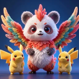 high quality 3 d render hyperrealist very cute multicolor stripped fluffy! phoenix panda hybrid with wings!! highly detailed, vray smooth, in the style of detective pikachu, hannah yata charlie immer, dramatic blue light, low angle, uhd 8 k, sharp focus