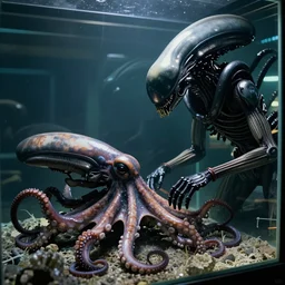 Marines inspect Xenomorph octopus in a specimen tank , film still from Aliens by James Cameron