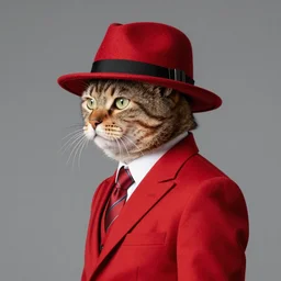 jaguar cat in a red suit and fedora, studio photography, profile picture