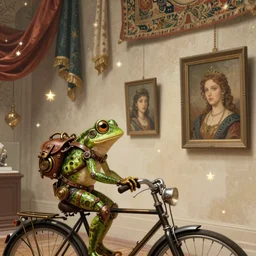 a steampunk frog on a bike looking at image portraits on museum walls with stars and hanging silk drapery and tapestries, light dust, magnificent, close up, sharp focus, elegant, highly detailed, illustration, by jordan grimmer greg rutkowski wlop maya takamura, intricate, trending artstation, pixiv, digital art