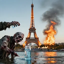 zombie drinking water with eifel tower on fire photo realistic