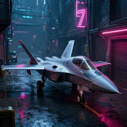 f 1 1 7 fighter jet parked in an alley at night, heavy rain, neon lights, cyberpunk, unreal engine screenshot