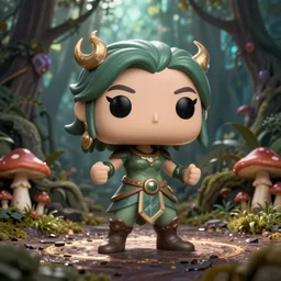funko pop female earth mage, high quality character design, action pose : : spotlight, magicpunk, biopunk, forestpunk, forest, mushrooms, high detail, 8 k, oled, shadows, reflections, digital art, official art, octane render, dynamic camera angle, unreal engine, dollpunk