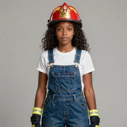 full body portrait of young black woman as a firewoman, white t - shirt and blue denim overalls, red firemans helmet, intricate, beautiful and elegant, highly detailed, digital painting, artstation, concept art, smooth, sharp focus, illustration, art by wlop, mars ravelo and greg rutkowski