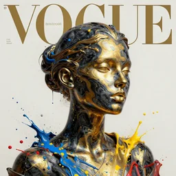 3 d, marble head of fashion model with liquid black and gold metal, vogue cover style, paint splatters, blue and yellow and red paint splashes, paint drops whirling in the air, 3 d poster art, high detail, 3 d intricate oil painting, multiple exposure, stanley kubrick mood, hyperrealism, 3 d, by tooth wu and wlop and beeple and greg