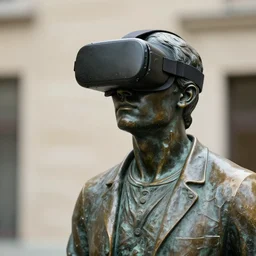 a 4 k photorealistic photo medium shot of a bronze statue of a man wearing a vr headset on his head.