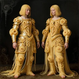 full body shot of siamese twins made of spaghetti, intricate armor made of fractals of spagetthi, highly detailed, by giuseppe arcimboldo and ambrosius benson, renaissance, a touch of beksinski, realistic, high definition