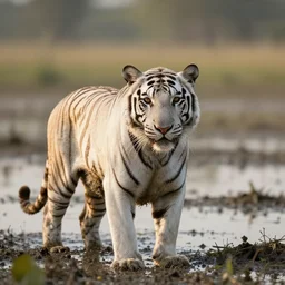 photo of a covered in mud white tiger in a swamp in the sunset, documentary photo, 300 mm depth of field bokeh