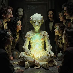 the creature in the basement, made of glowing wax and ceramic, surrounded by friendly faces, film still from the movie directed by denis villeneuve and david cronenberg with art direction by salvador dali and zdzisław beksinski, wide lens
