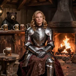 kate beckinsale weared in full plate armor, sit in fantasy tavern near fireplace, behind bar deck with bear mugs, medieval dnd,  by NC Wyeth, 4k