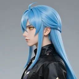 side profile of rimuru tempest with sky blue hair, long hair, sharp face, gold eyes, high collar, black jacket | shiny, highly detailed, rain, professional digital painting, concept art, award - winning photography, cinematic, wlop | art by pixiv art, yoshitaka amano, deviantart