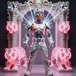 full-body neon marble bladerunner and baroque style sculpture of a muscular handsome Joe Jonas prince wearing thick 3D glasses as a half android with a porcelain chest, electric sparks, crown of giant diamonds,  sparkling laserbeams, pink and white neon tigers, baroque elements. full-length view. baroque element. intricate artwork by caravaggio. Trending on artstation, octane render, cinematic lighting from the right, hyper realism, octane render, 8k, depth of field, 3D
