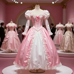 the film still photographed image is of a pink and white fancy dress ballroom costume ensemble from the 1 9 9 0 s. the ensemble is inspired by psyche, and is featured in a museum. vibrant cinematography, anamorphic lenses, upscale, hyper realistic photo, crisp, detailed image in 8 k resolution.