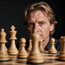 close up photograph of a realistic king piece of a chess board. it has magnus carlsen's face!