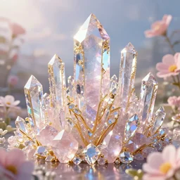 shimmering crystal city made of diamond and rose quartz with gold decoration, sparkling in the sunlight, surrounded by flowers. trending on artstation, by thomas kinkade.