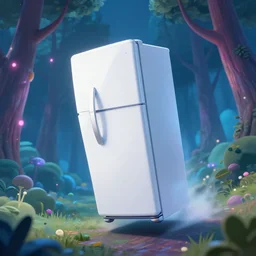 an entire refrigerator flying at high speeds in a bioluminescent forest at night, portrait by loish and WLOP, octane render, dark fantasy, trending on ArtStation