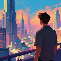 a man staring forlornly at a futuristic utopian city he has been cast out of. vivid colors, artstation