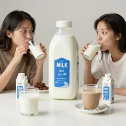 incredible absurd nihilistic surreal photoshoot advertisement for milk, people enjoying milk and coffee products in the style of tim walker, cows, vsco film grain