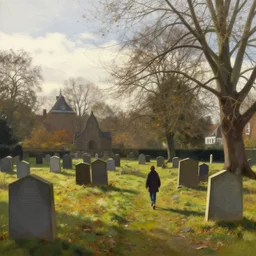 i walk in the rustic part of highgate cemetery, london. volumetric lighting, autumn, late morning, overcast weather, few clouds, realistic illustration, perfectly shaded, soft painting, art by krenz cushart and wenjun lin