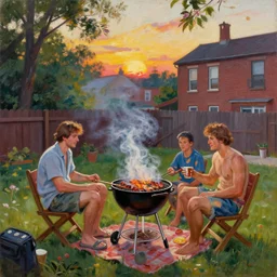 backyard bbq in harlem in summer sunset, painting by vladimir volegov, norman rockwell, tom of finland, trending on artstation