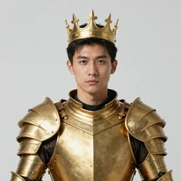 realistic portrait of a man made of golden armor and a crown, shinning sword, fame, 1450, ink, ultra realistic, 8k