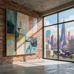 interior of chic condominium with exposed brick and concrete floors | large abstract wall paintings and floor to ceiling windows | solarpunk utopian cityscape by makoto shinkai, ilya kuvshinov, lois van baarle, rossdraws and frank lloyd wright